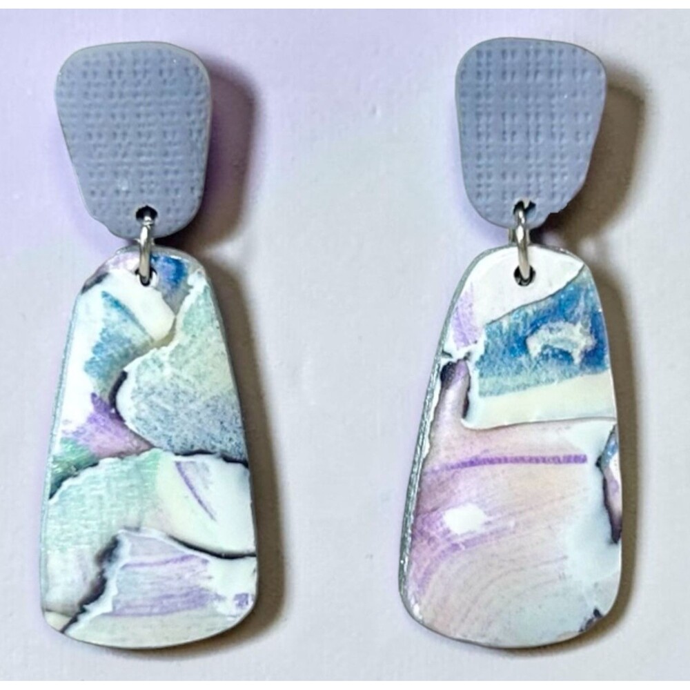 Handmade Pastel Blue Green Purple Watercolor Look Polymer Clay Dangle Earrings